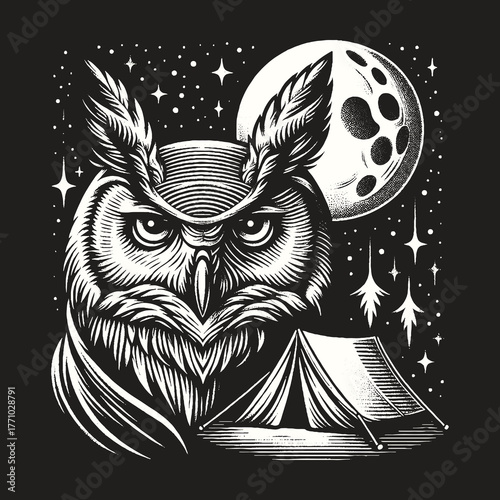 Wise Owl Gazes Over Camping Tent Under Moonlit Night Sky.