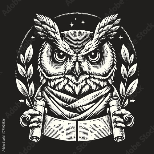 Wise Owl Holding Scrolls with Laurel Branches and Starlight.