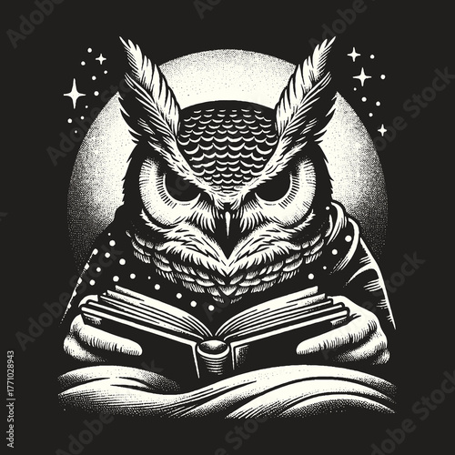 Wise Owl Reading Book Under Moonlight Stars.
