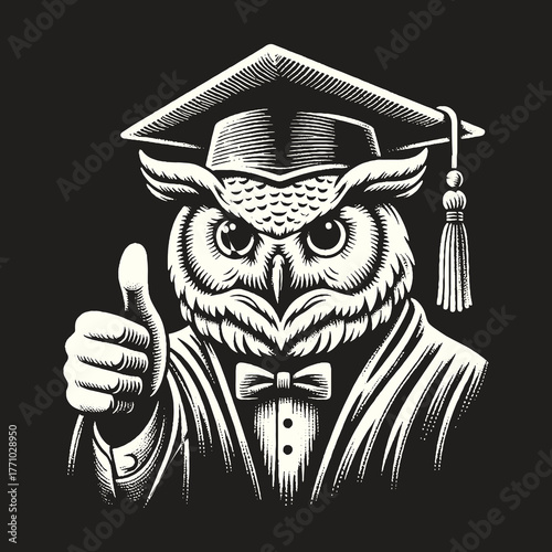 Wise Owl in Graduation Attire Giving Thumbs Up.