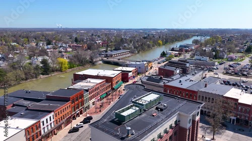 Historic residential buildings aerial view on E Elm Avenue in historic downtown Monroe, Michigan MI, USA. 