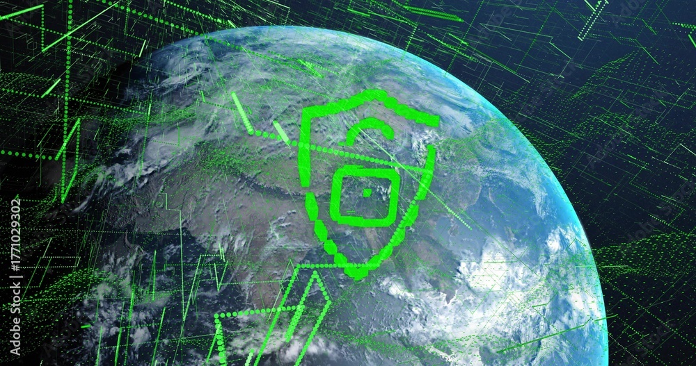 Fototapeta premium Displaying pixelated green shield icon shielding Earth in orbit, with digital network overlay