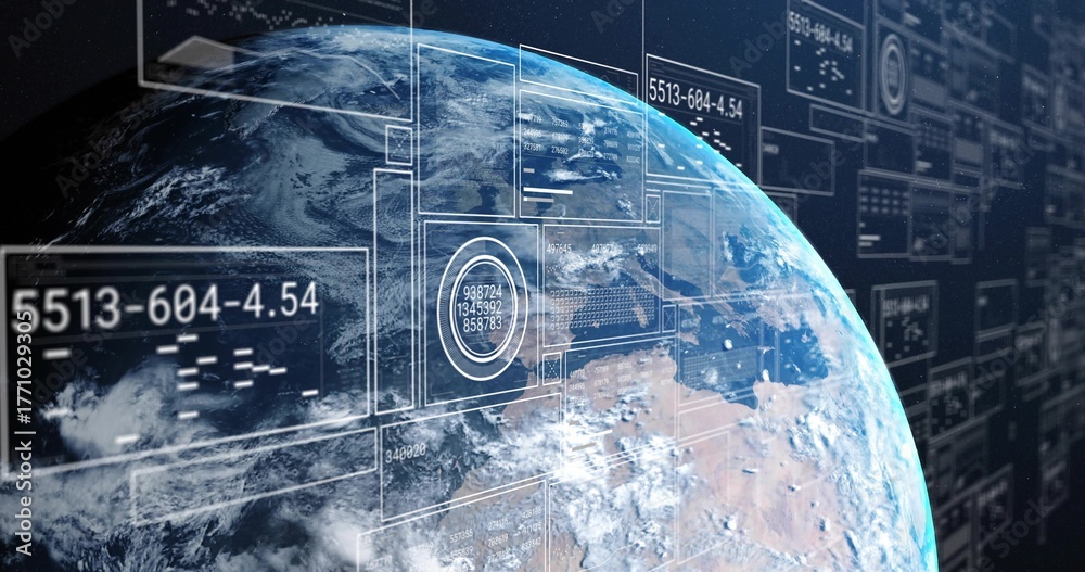 Fototapeta premium Earth globe rotating in orbit with translucent data panels, readouts, grid overlays, circular HUDs