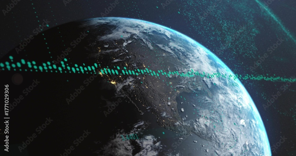Fototapeta premium Displaying Earth revealing clouds, oceans and city lights in orbit, with teal data waveform overlay