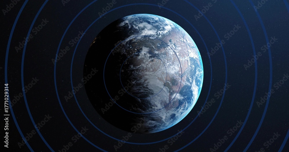 Fototapeta premium Rotating planet Earth partially illuminated by sunlight in outer space, with concentric blue rings