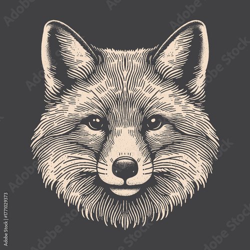 Detailed Engraved Fox Head Portrait on Dark Background.