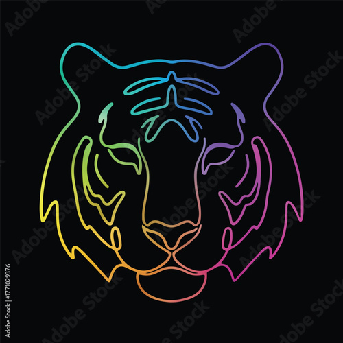 Neon Tiger Head Outline Vector on Black Background