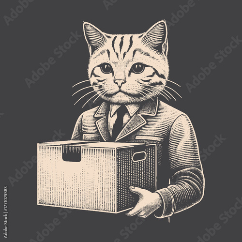 Cat in Suit Holding Box: Delivery and Business Concept.