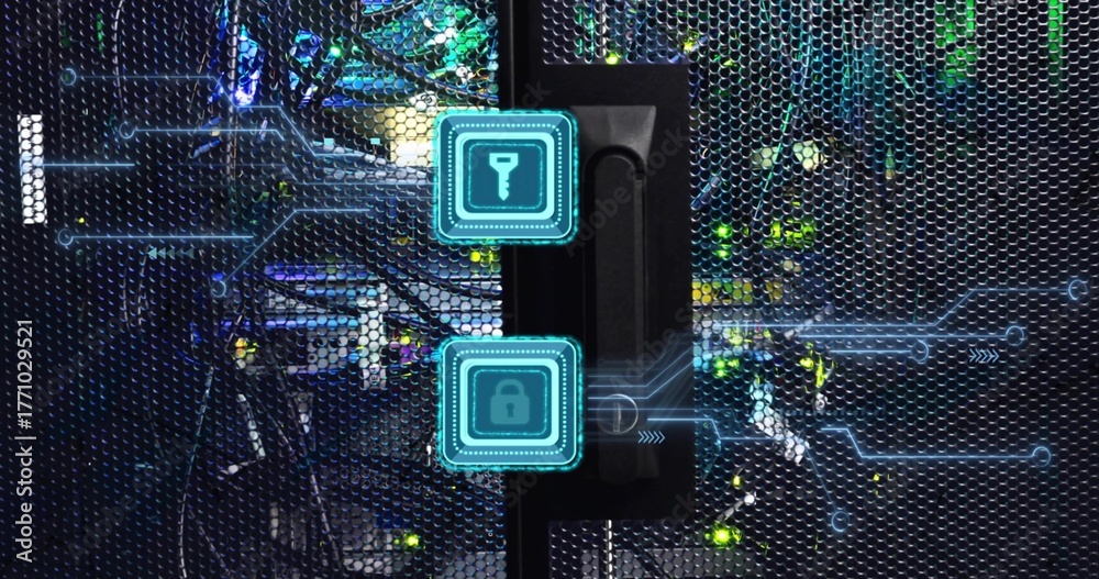 Fototapeta premium Featuring server rack door handle in data center, showing holographic key and padlock icons