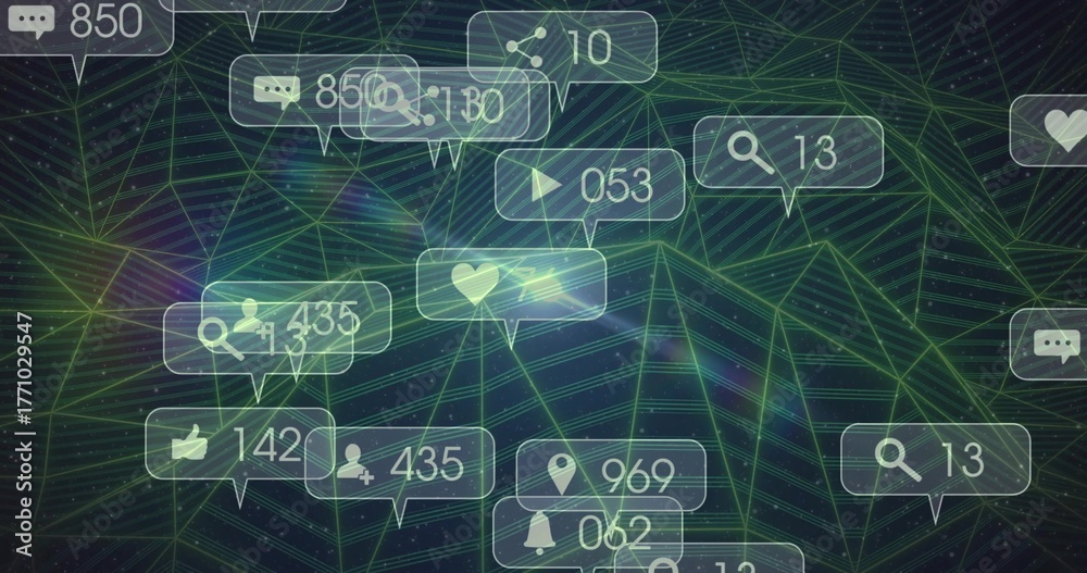Fototapeta premium Displaying floating notification icons over dark mesh grid, with chat bubbles and heart callouts