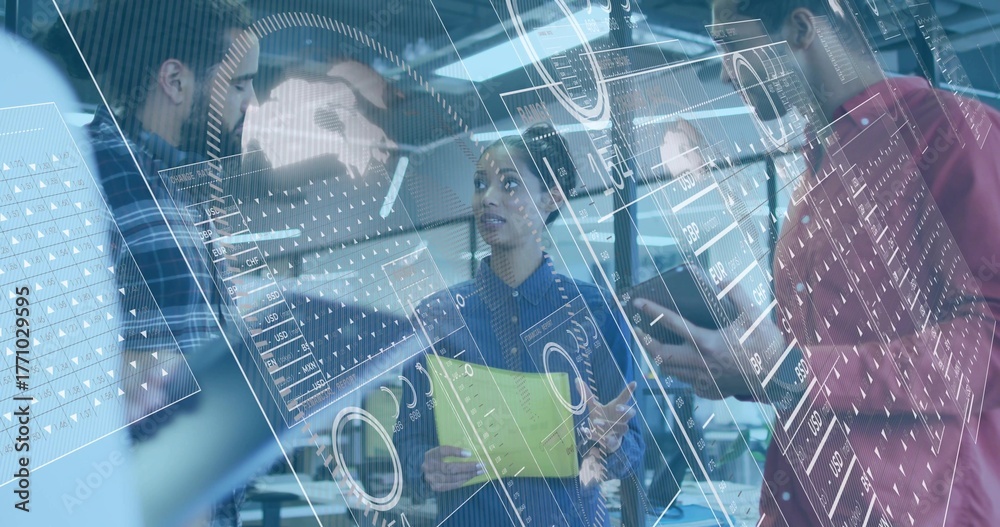 Obraz premium Five professionals collaborating on data in office, with display, yellow folder, tablet, smartphone