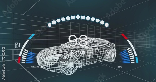Wireframe sports car floating in grid hall, with speed, gauges, battery or temperature, date stamp
