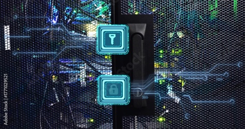 Featuring server rack door handle in data center, showing holographic key and padlock icons