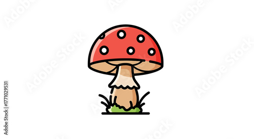 Cute red toadstool mushroom with white spots in a patch of grass, a simple outline graphic and a charming Vector Illustration design