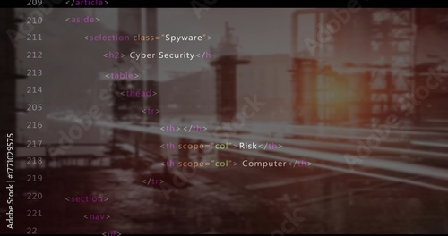 Displaying HTML code overlay blending industrial plant backdrop, with code tags and table elements