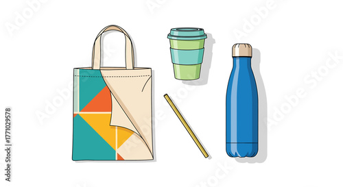 Vector illustration of reusable eco-friendly products like tote bag, cup, bottle, and straw on white background