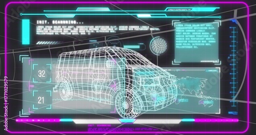 Displaying 3D wireframe van scanning in digital scan station with grid overlays, neon cyan border