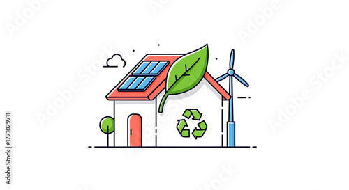 Eco-Friendly House with Renewable Energy Sources Vector Illustration