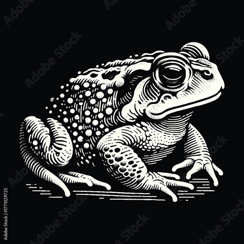 Detailed Black and White Illustration of a Toad.