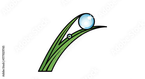 Stylized Vector Illustration featuring a vibrant green blade of grass with a reflective water droplet, representing nature, purity, and eco-friendly concepts