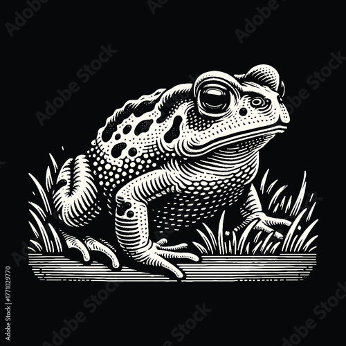 Detailed Black and White Illustration of a Toad in the Grass.
