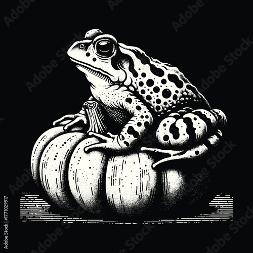 Frog Perched Upon a Pumpkin: A Halloween Illustration.