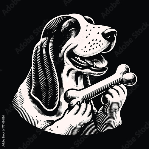Happy Dog Holding Bone Black and White Illustration.