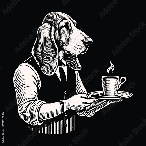 Dog waiter serving coffee on a tray in monochrome style.