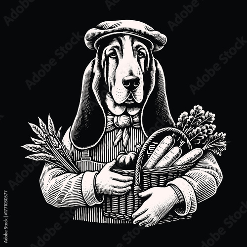 Basset Hound Chef Holding Basket of Vegetables and Wheat.