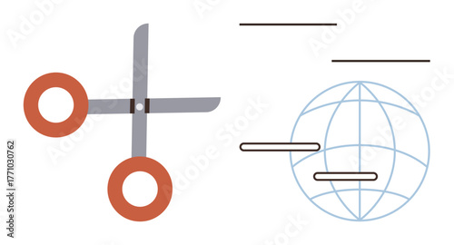 Scissors next to globe with intersecting lines symbolizing cutting ties, internet, restrictions, global interaction. Ideal for communication, control, connection, freedom, regulation technology