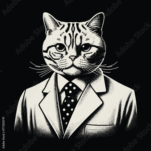 Sophisticated Cat in a Suit: A Portrait of Feline Elegance.