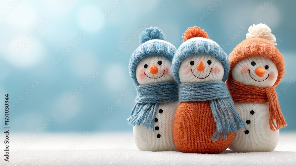Obraz premium Three cute knitted snowman toys in winter hats and scarves. Happy Christmas holiday decoration on a snowy background. Winter scene with copy space