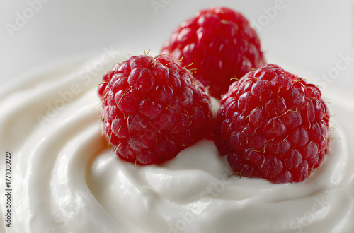 High-quality macro shot of creamy yogurt with three raspberries, showcasing texture and realism on a clean white backdrop.