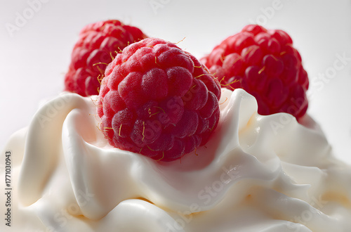 Close-up macro photo of white yogurt topped with three fresh raspberries, isolated on a white background, in high-resolution detail.
