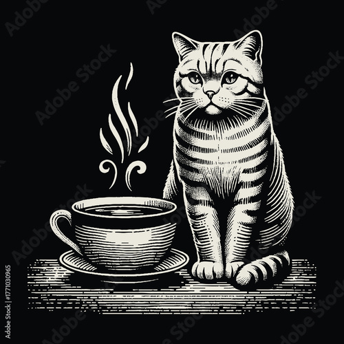 Cat Contemplating Coffee Cup Black and White Illustration.