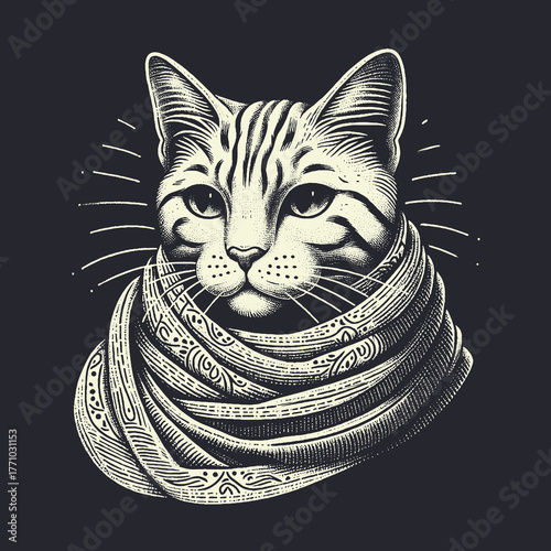 Elegant Cat Portrait with Scarf: Artistic Illustration.