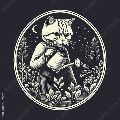 Cat Gardener Watering Plants Under the Moonlight.