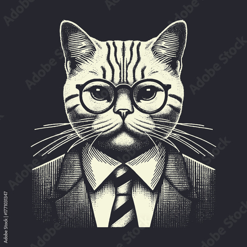 Smart Cat in Glasses and Suit Professional and Focused.