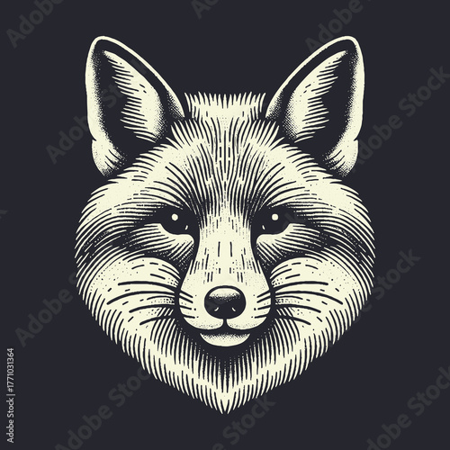 Intricate Fox Portrait: Detailed Engraving on Dark Background.