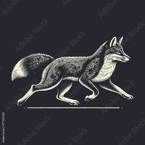 Elegant Engraving of a Running Fox on a Dark Background.