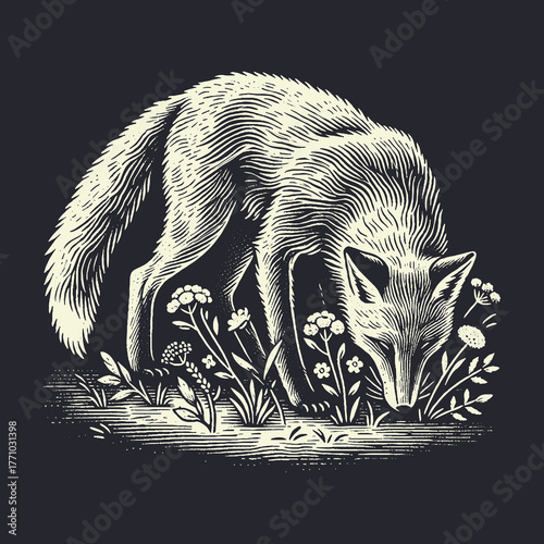 Fox in the meadow sniffing flowers detailed illustration nature scene.