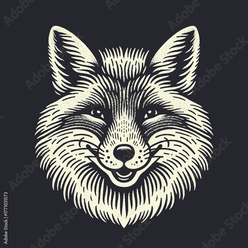 Fox Head Illustration: Detailed Engraving on Dark Background.