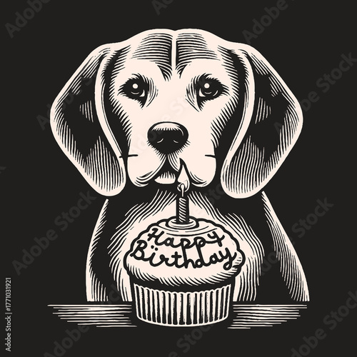 Beagle Dog Celebrating Birthday with Cupcake and Candle.