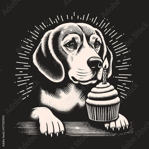 Beagle Dog with Cupcake and Candle Celebrating Birthday.