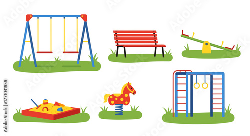 Fun playground set perfect for parks and recreation areas, including swings, seesaw, sandbox, spring rider, bench, and monkey bars for active outdoor play