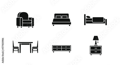 Modern furniture icons for interior design projects featuring beds, chairs, tables, and dressers, perfect for creating stylish and functional living spaces