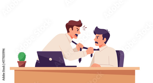 Frustrated boss aggressively confronting employee at office desk over performance issues creating a toxic workplace environment and conflict between coworkers