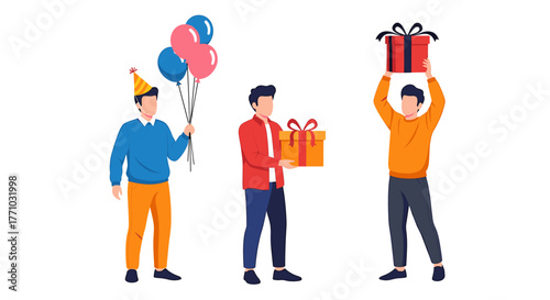 Joyful group celebrating with gifts and balloons, perfect for birthday party invitations or cheerful event promotions, spreading happiness and fun