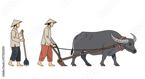 Illustrative scene of traditional farming with farmers and a water buffalo plowing a field, evoking a sense of heritage and rural life in Southeast Asia