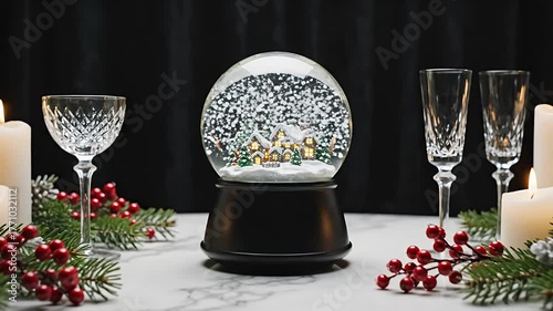 Enchanting Christmas Snow Globe with Illuminated Village and Falling Snowflakes.